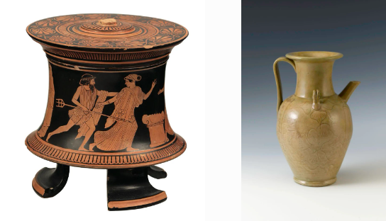 Left: Attica red painted box with lid, 470-460 BC, clay, 12.5 cm high, 8.8 cm diameter, 13.5 cm lid diameter, collected by the National Archaeological Museum of Athens; Right: Yue Kiln Celadon Glaze