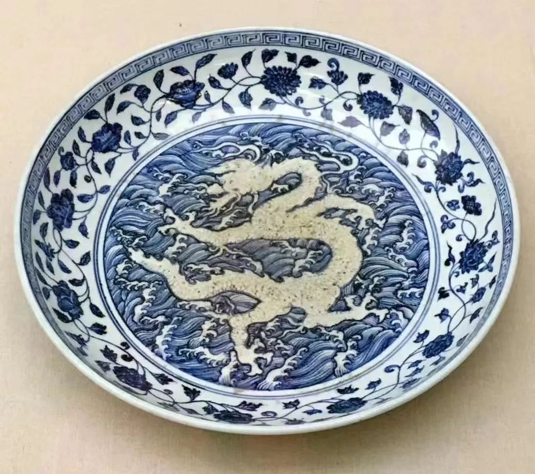 Ming Yongle Blue and White Dragon Plate with White Dragon Pattern Tomb of Sheikh Safi Adeddin, Ardabil Province, Iran Collection of the National Museum of Iran