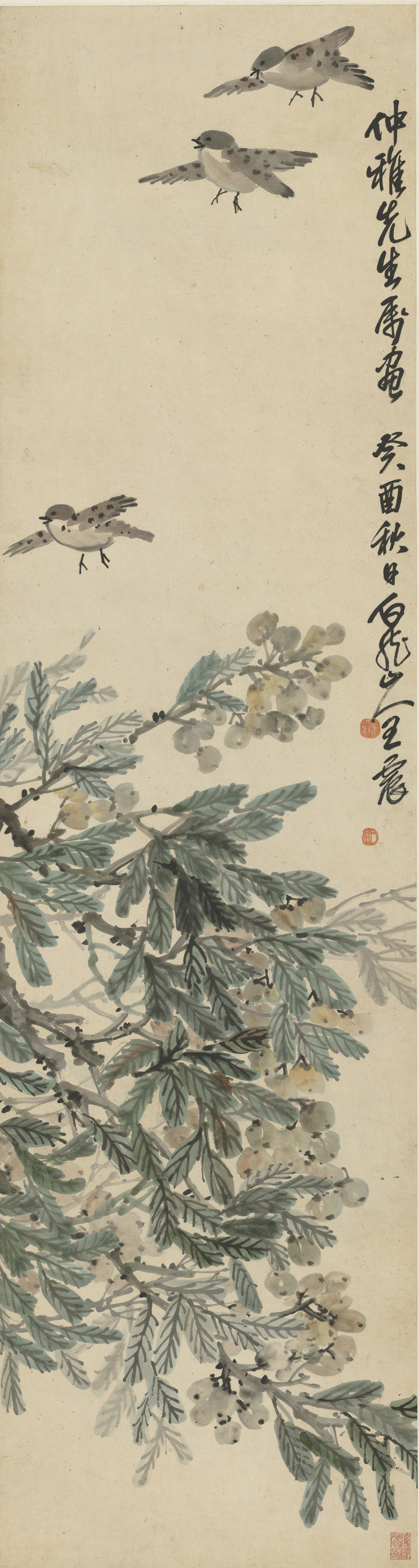 The Republic of China, Wang Zhen, loquat and sparrow shaft, in the collection of the National Palace Museum, Taipei