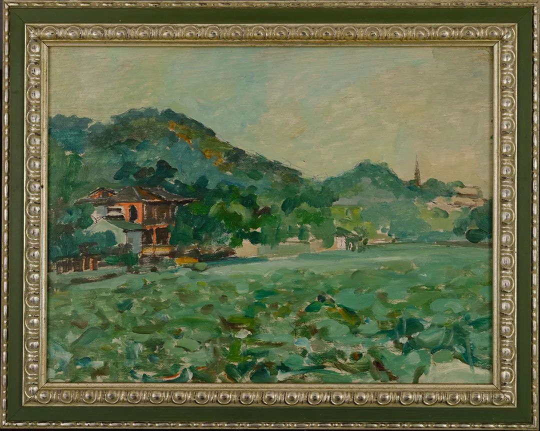 Chang Shuhong, Lotus Pond Wangbaochu Pagoda, Zhejiang Provincial Museum Collection, oil painting on wood panel, vertical 40.6 cm, horizontal 53.5 cm