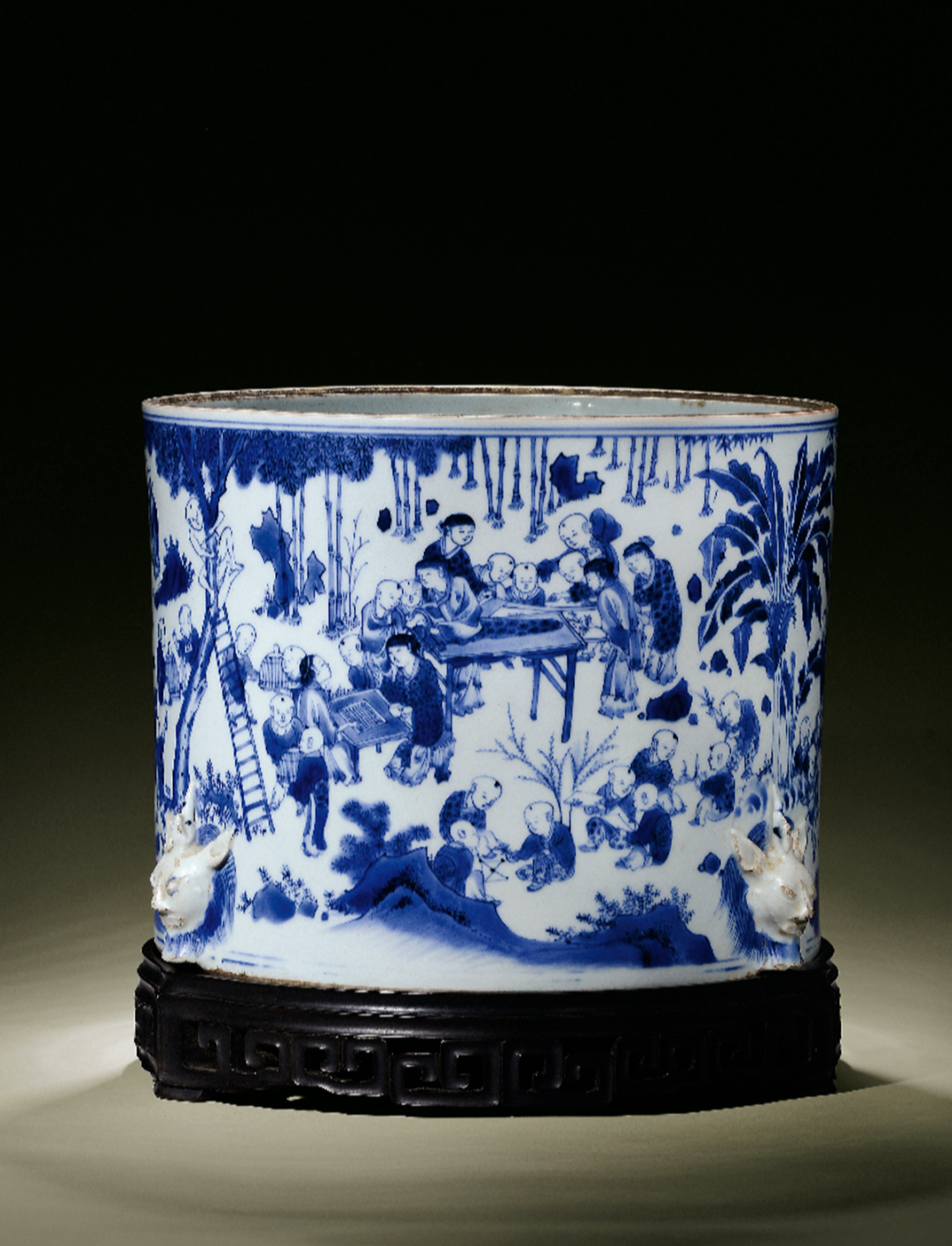 Ming Chongzhen Blue and White Baizi Figure Large Pen Holder
