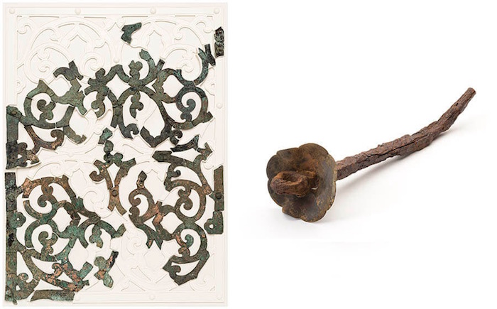 Sumugi decorated with gold utensils and iron nails, excavated from the site of Taikandaiji Temple, Asuka period (7th-8th century), collected by Nara Institute of Cultural Properties