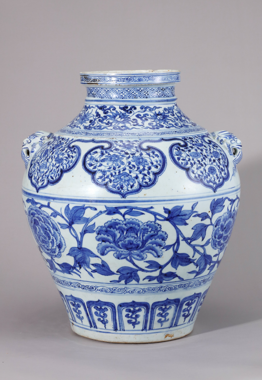 Yuan Blue and White Peony Pattern Double Beast Ear Jar Collection of Liangqing Bookstore